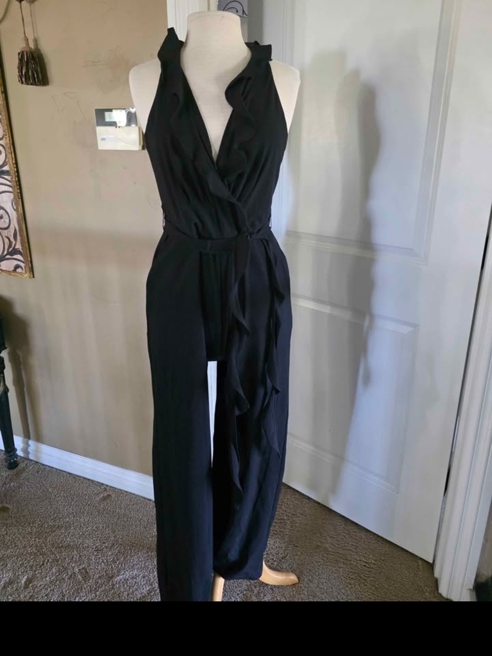 Nicole Miller Women's Black Ruffle-Trim Jumpsuit